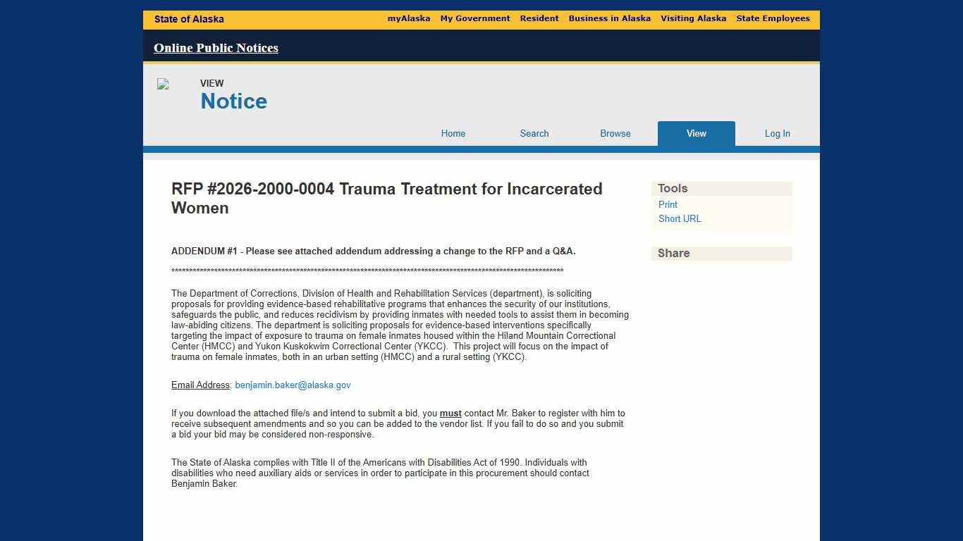 RFP #2026-2000-0004 Trauma Treatment for Incarcerated Women - Alaska Online Public Notices