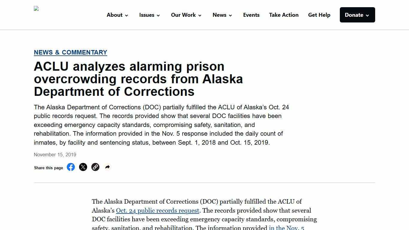 ACLU analyzes alarming prison overcrowding records from Alaska Department of Corrections - ACLU of Alaska